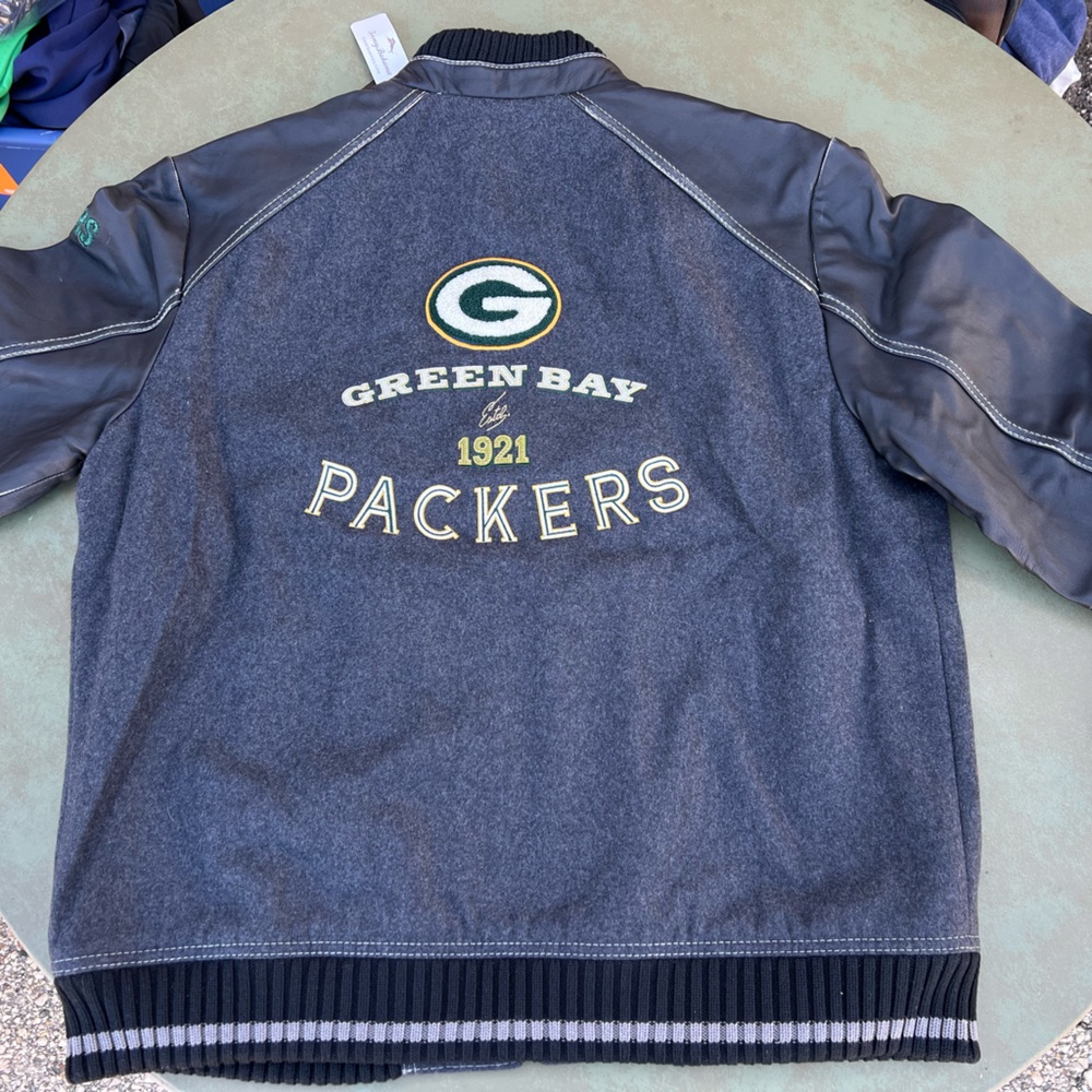 $595 Tommy Bahama Green Bay Packers Premium Wool + Leather Varsity Jacket coat L